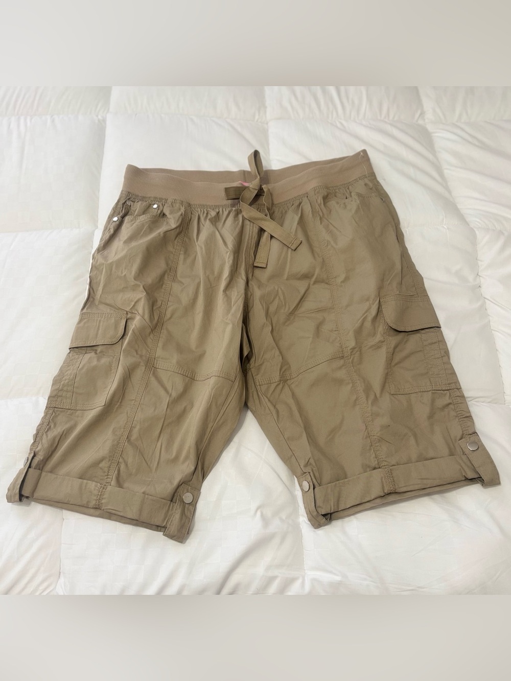 Women's Cargo Bermuda Shorts in Tan with Drawstring Waist